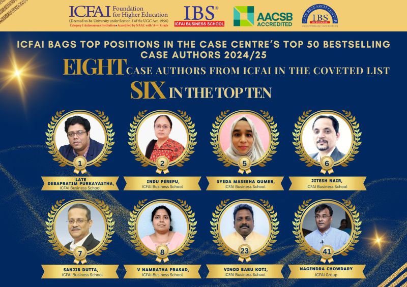 ICFAI Bags Top Positions in The Case Centre’s Top 50 Bestselling Case Authors 2024/25  Eight Case Authors from ICFAI in the Coveted List  Six in the Top Ten